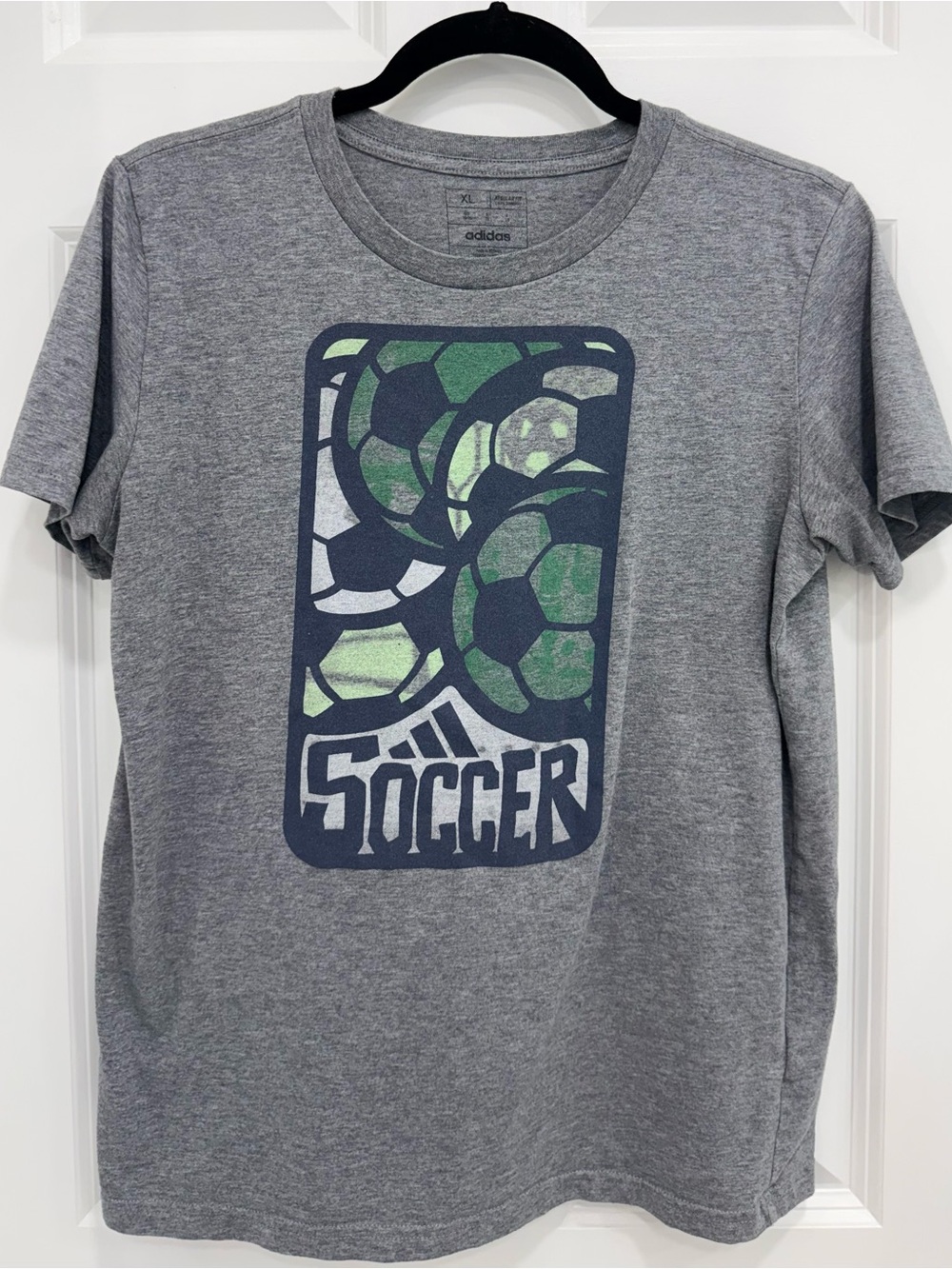Adidas Gray Tee with Navy and Green Soccer Graphic - Big boys